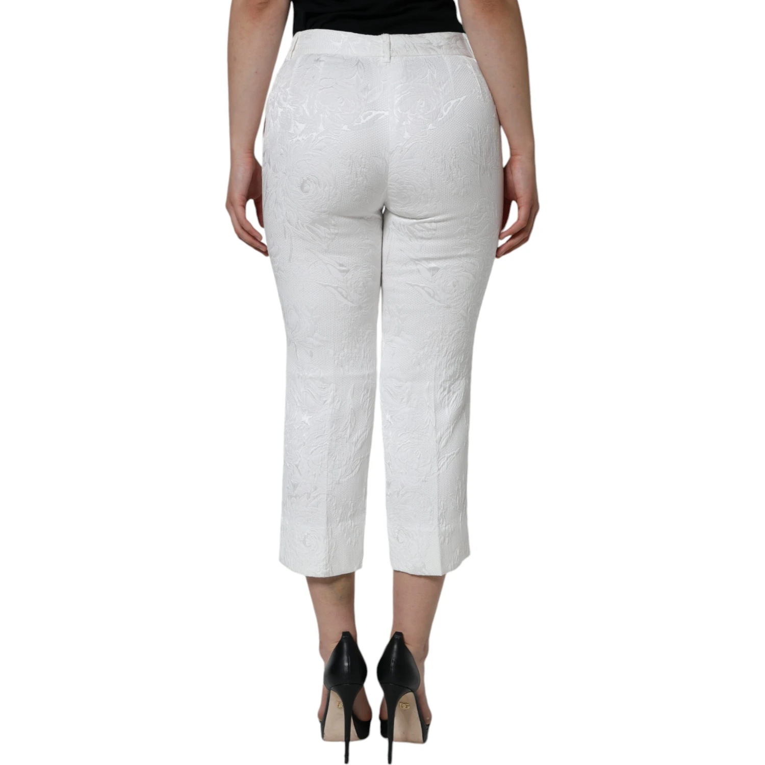 White Floral Brocade Cotton Cropped Pants
