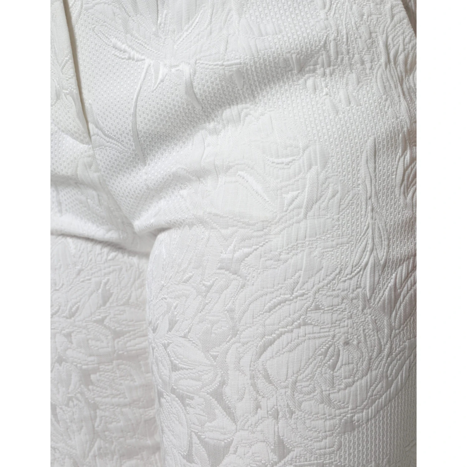 White Floral Brocade Cotton Cropped Pants