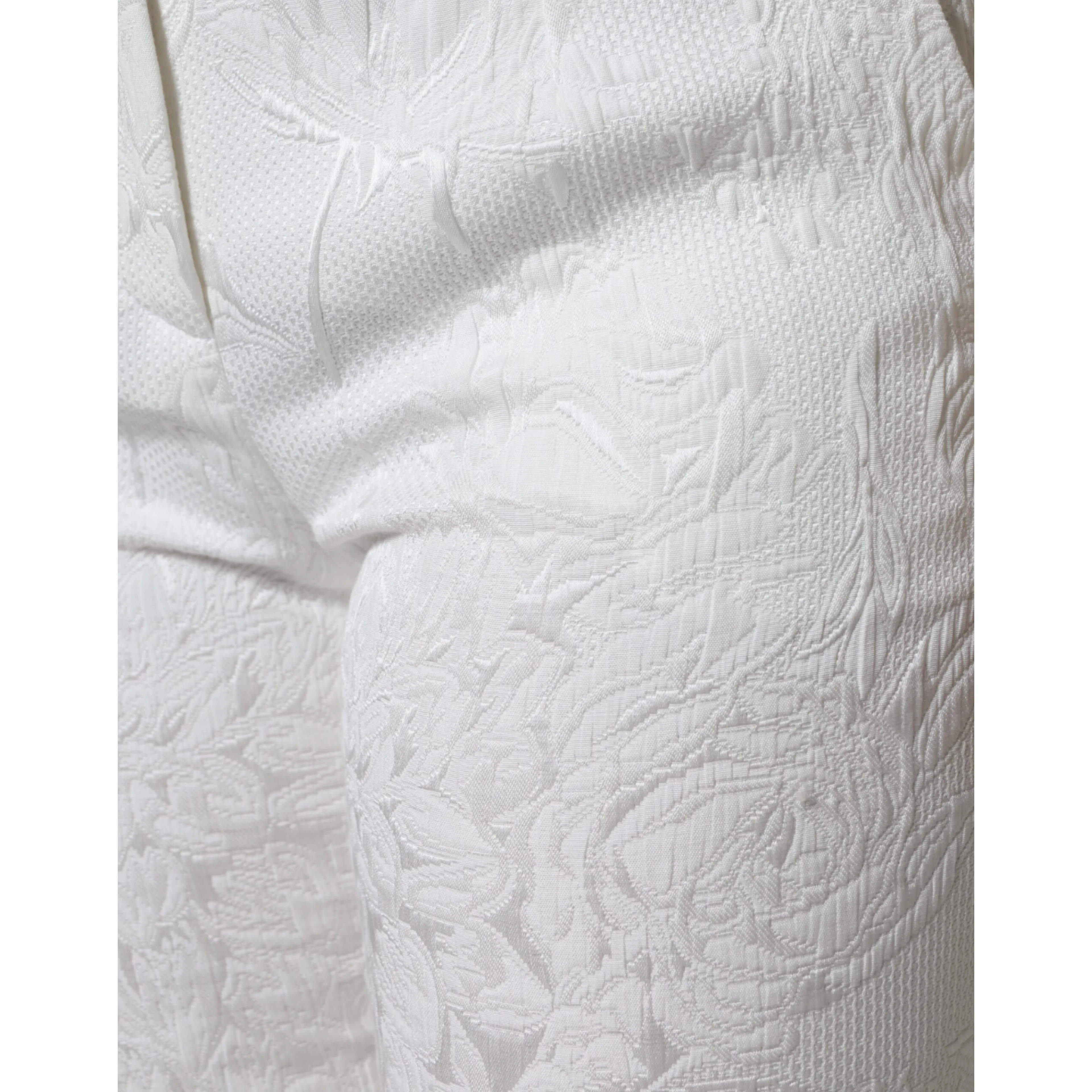 White Floral Brocade Cotton Cropped Pants