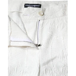 White Floral Brocade Cotton Cropped Pants