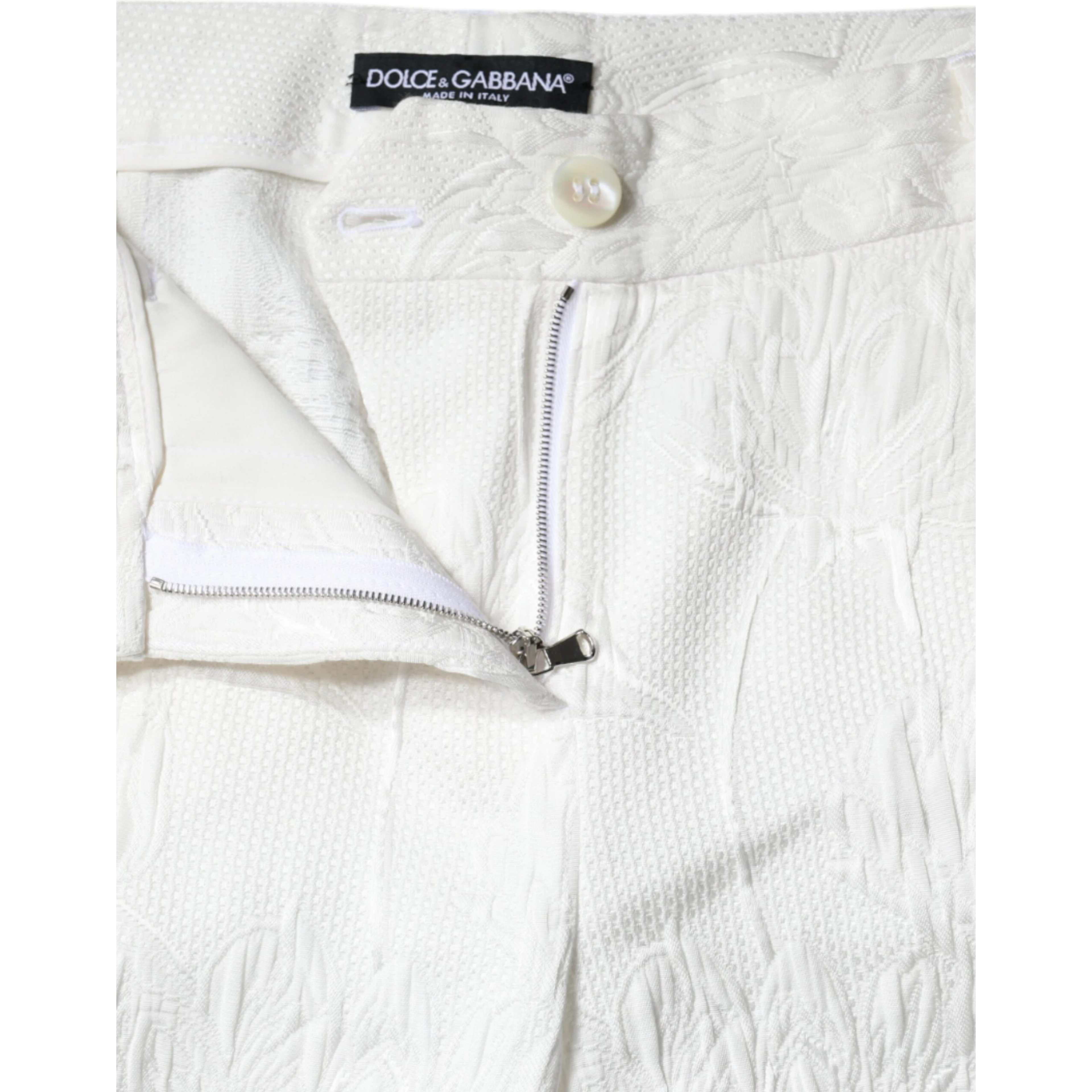 White Floral Brocade Cotton Cropped Pants
