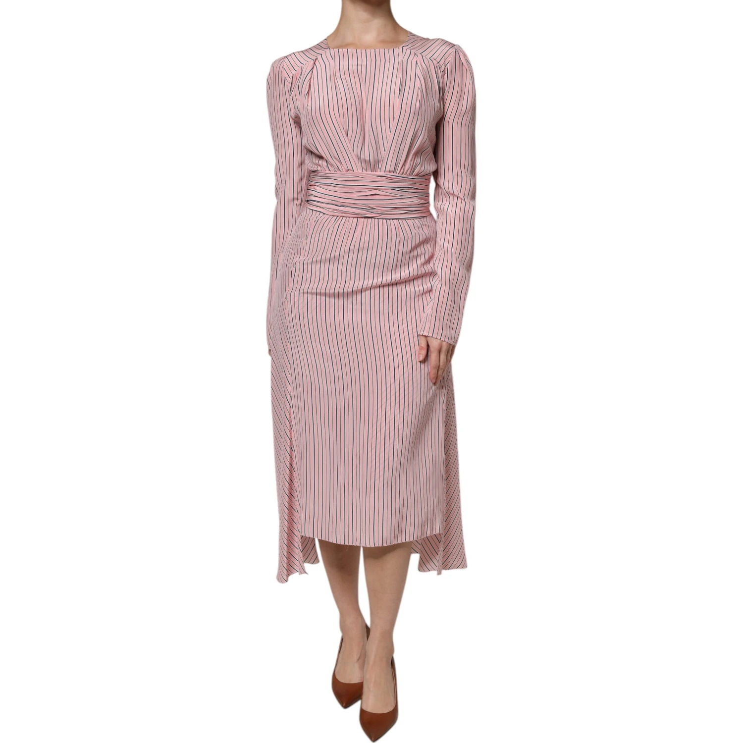 Pink Stripes Silk Long Sleeves Midi Dress