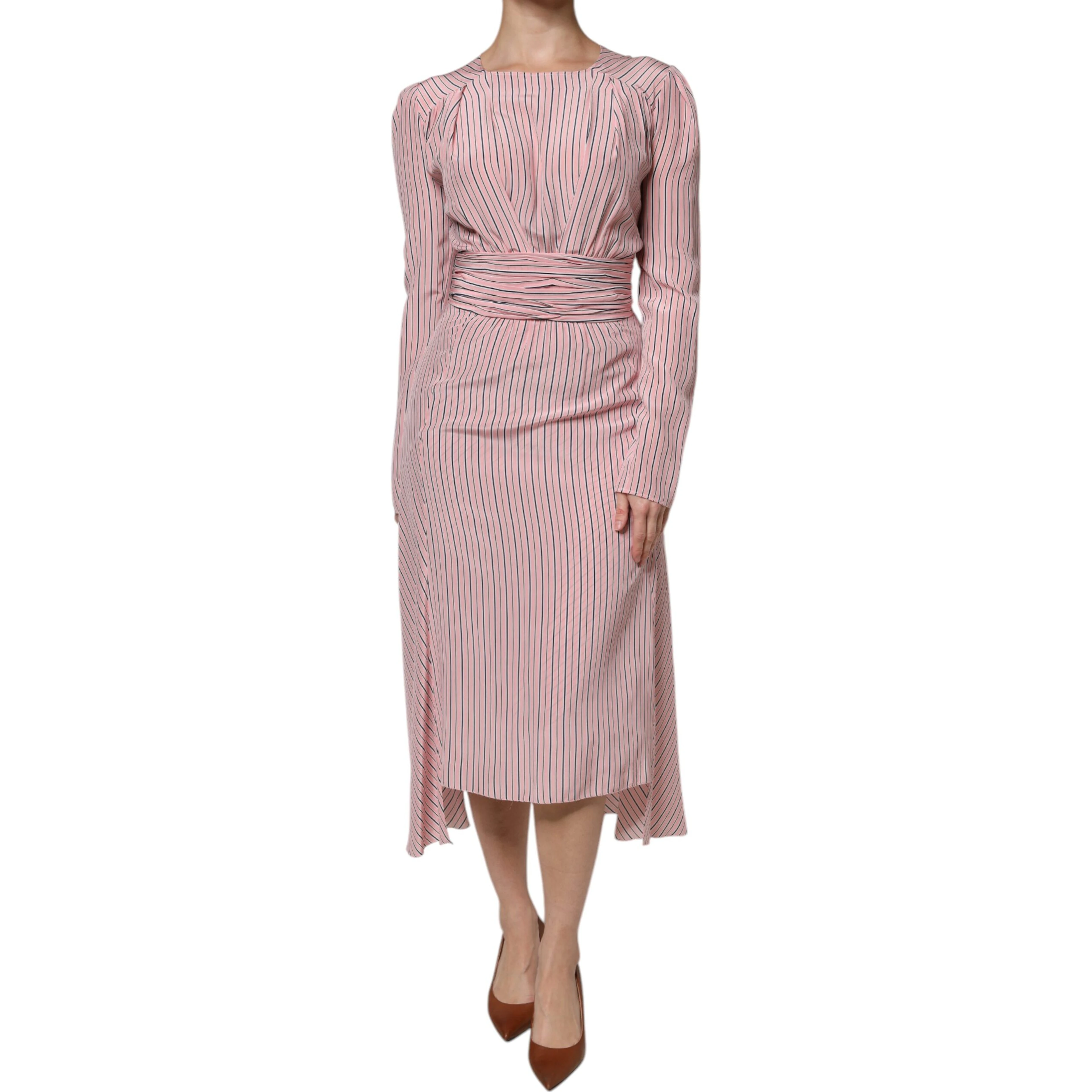 Pink Stripes Silk Long Sleeves Midi Dress