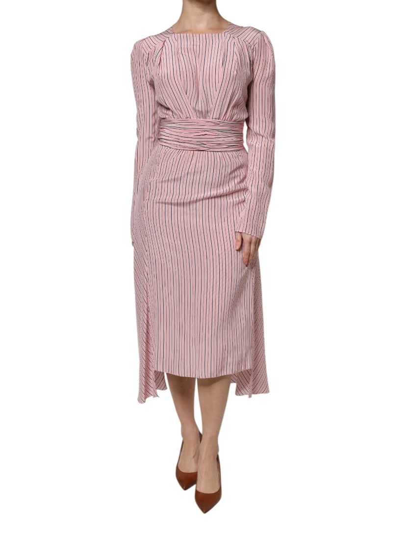 Pink Stripes Silk Long Sleeves Midi Dress