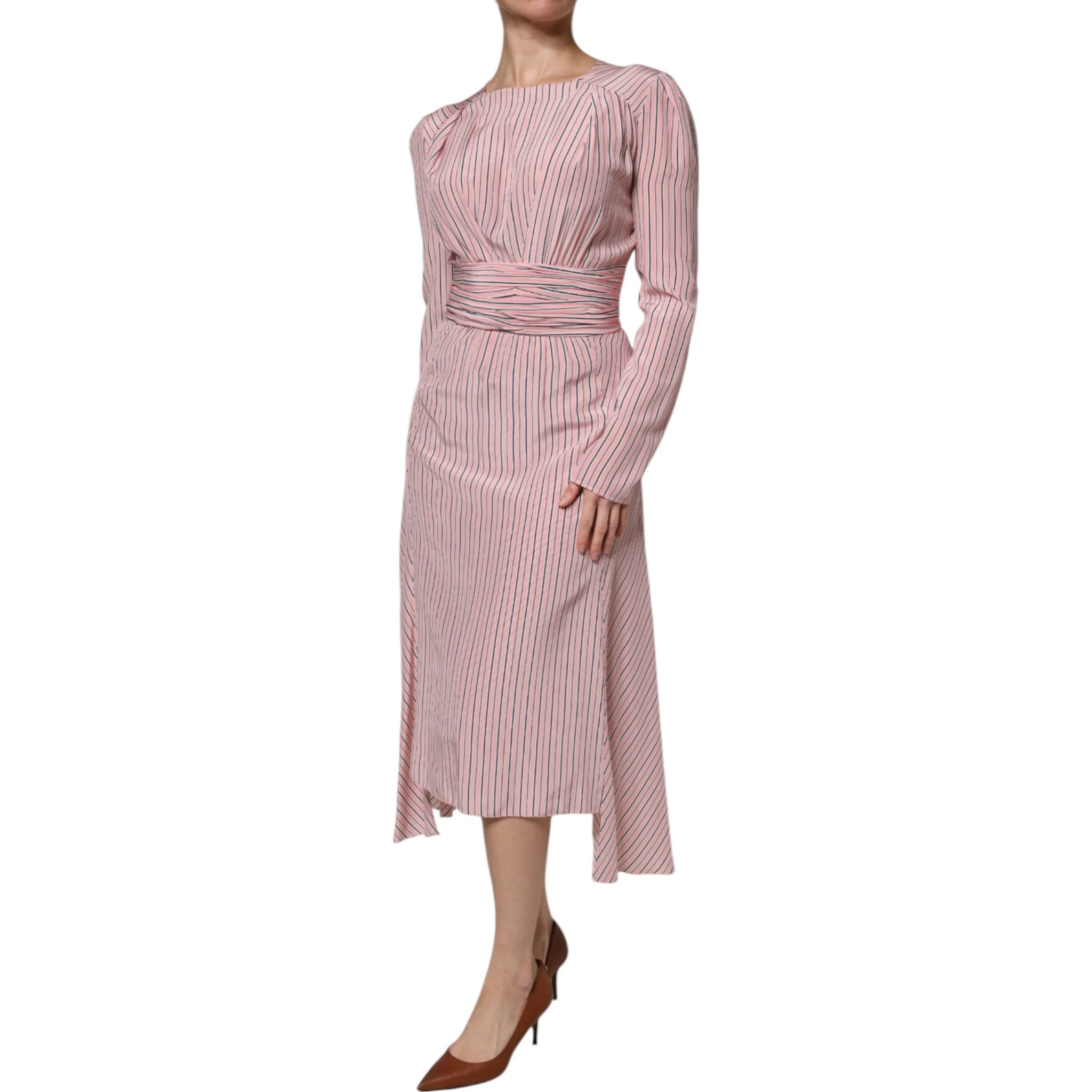 Pink Stripes Silk Long Sleeves Midi Dress