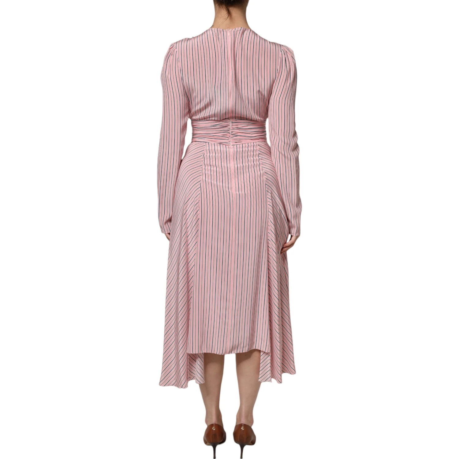 Pink Stripes Silk Long Sleeves Midi Dress