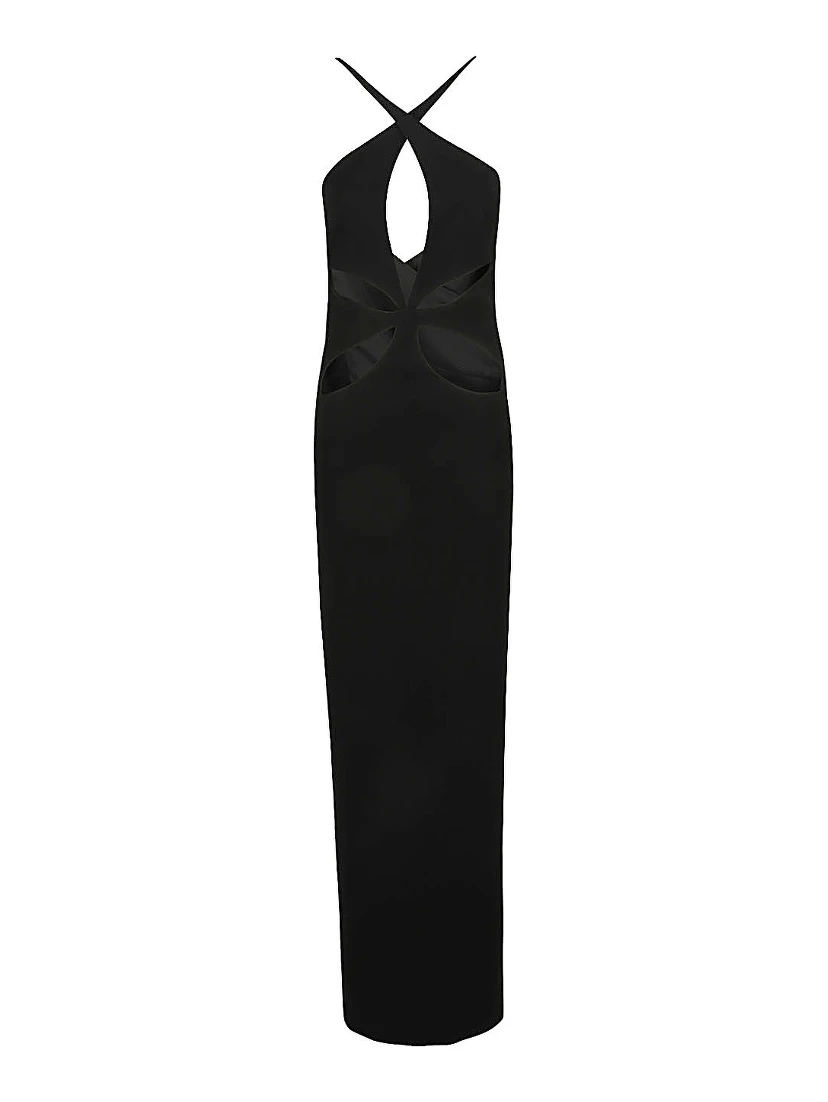 Cut Out Detail Silk Crepe Long Dress In Black