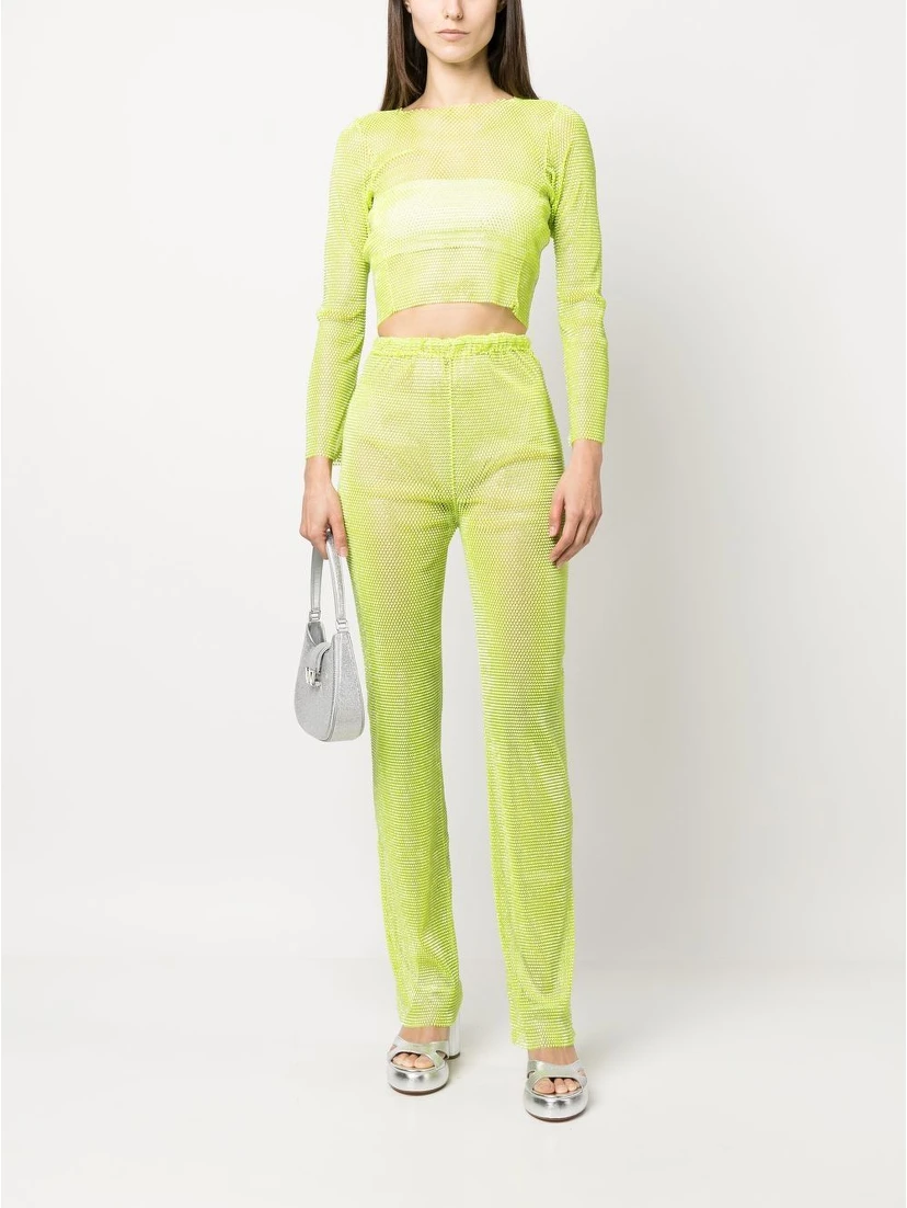 Shimmering Trousers High-waisted Rhinestone Embellishment In Green