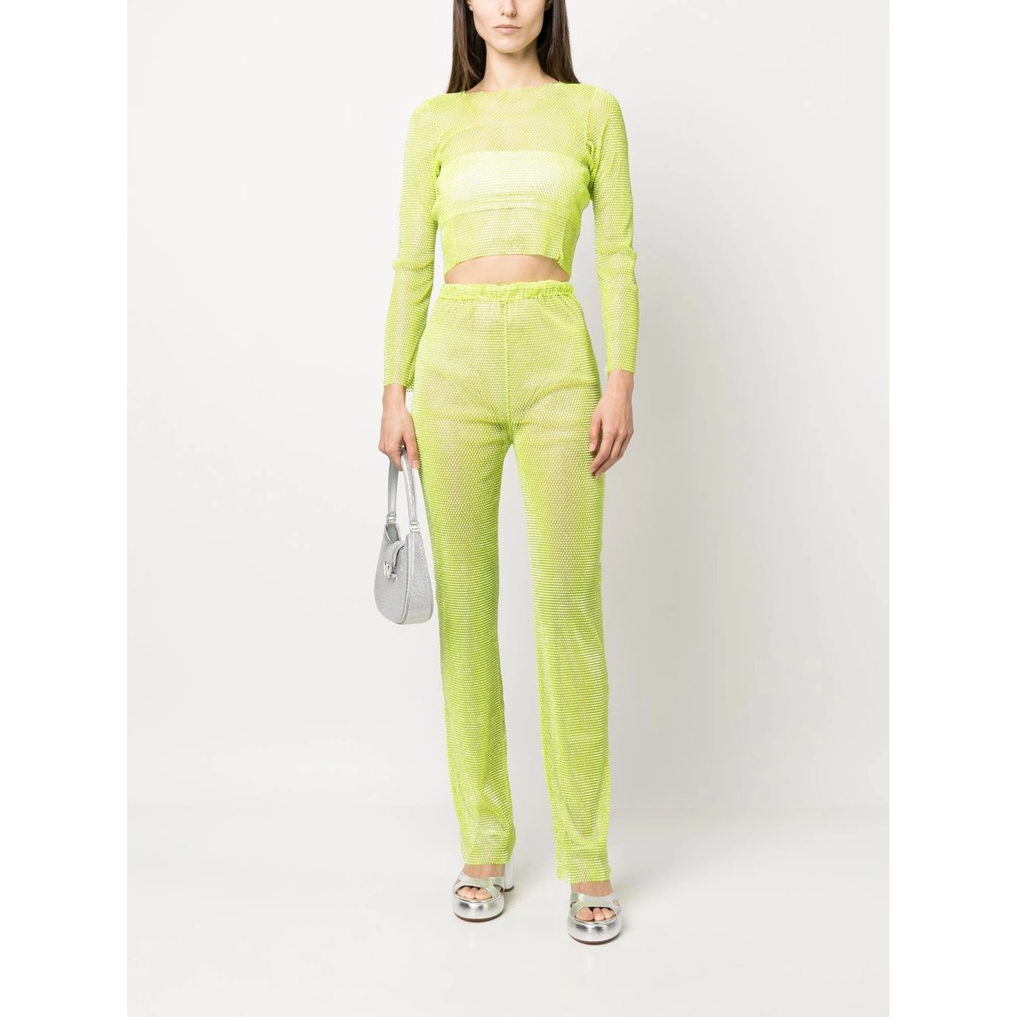 Shimmering Trousers High-waisted Rhinestone Embellishment In Green