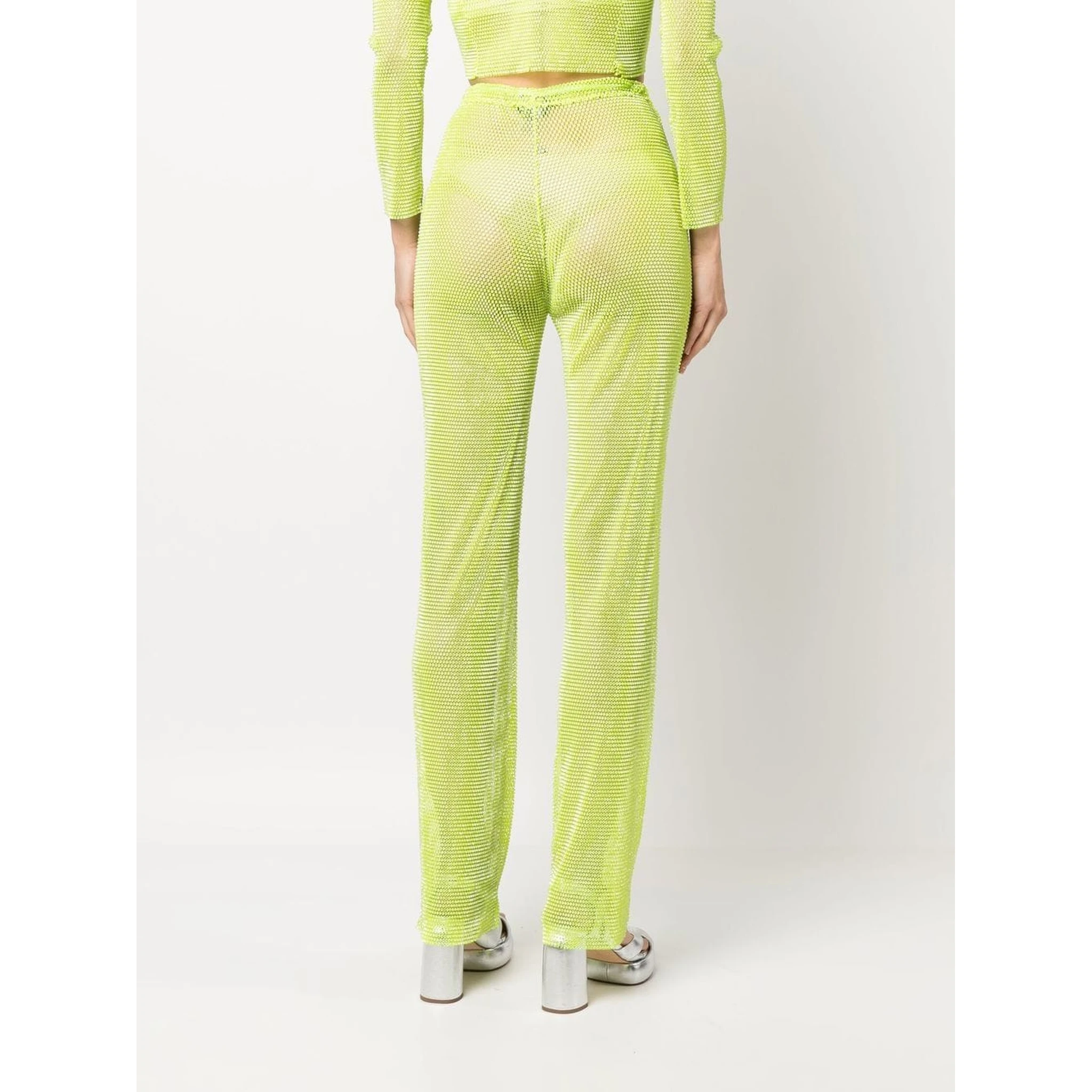 Shimmering Trousers High-waisted Rhinestone Embellishment In Green