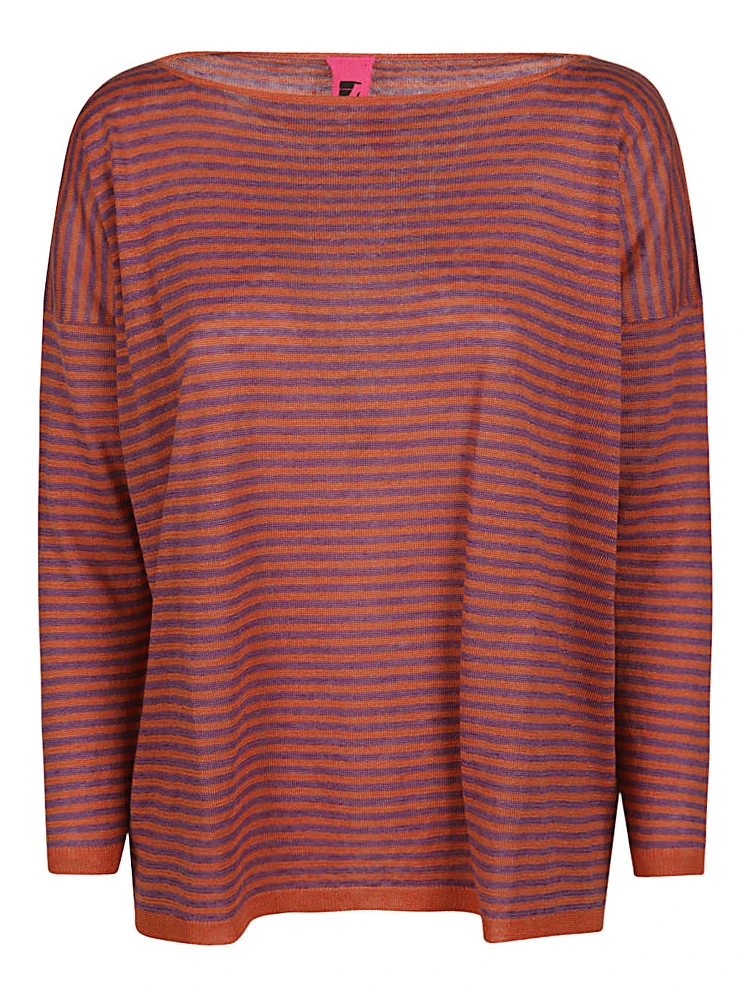 Boat Neck Striped Linen Sweater In Orange