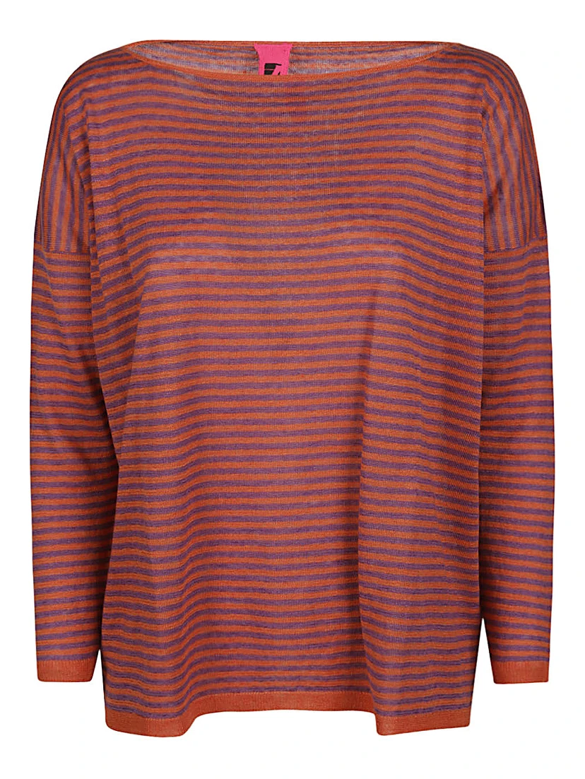 Boat Neck Striped Linen Sweater In Orange