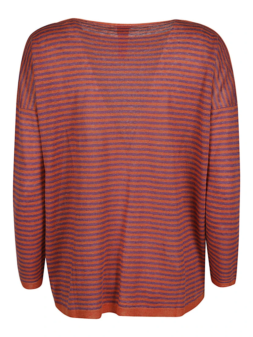 Boat Neck Striped Linen Sweater In Orange