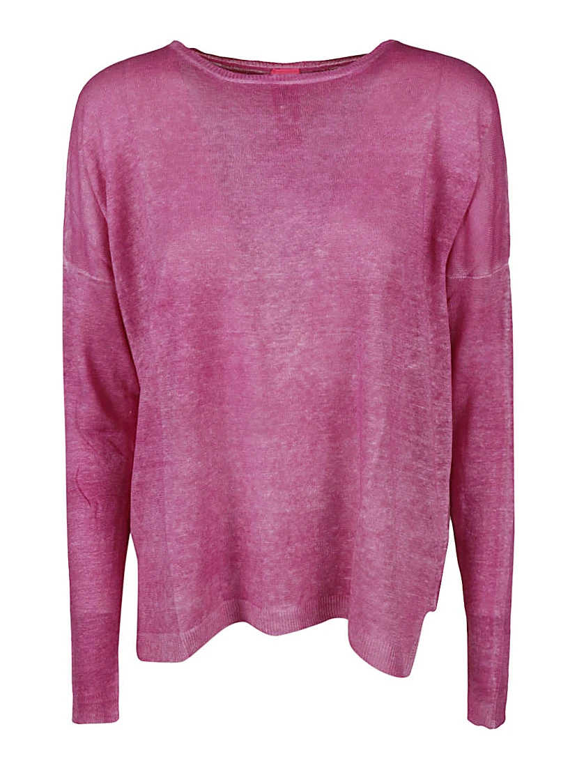 Boat Neck Spray Art Linen Sweater In Pink
