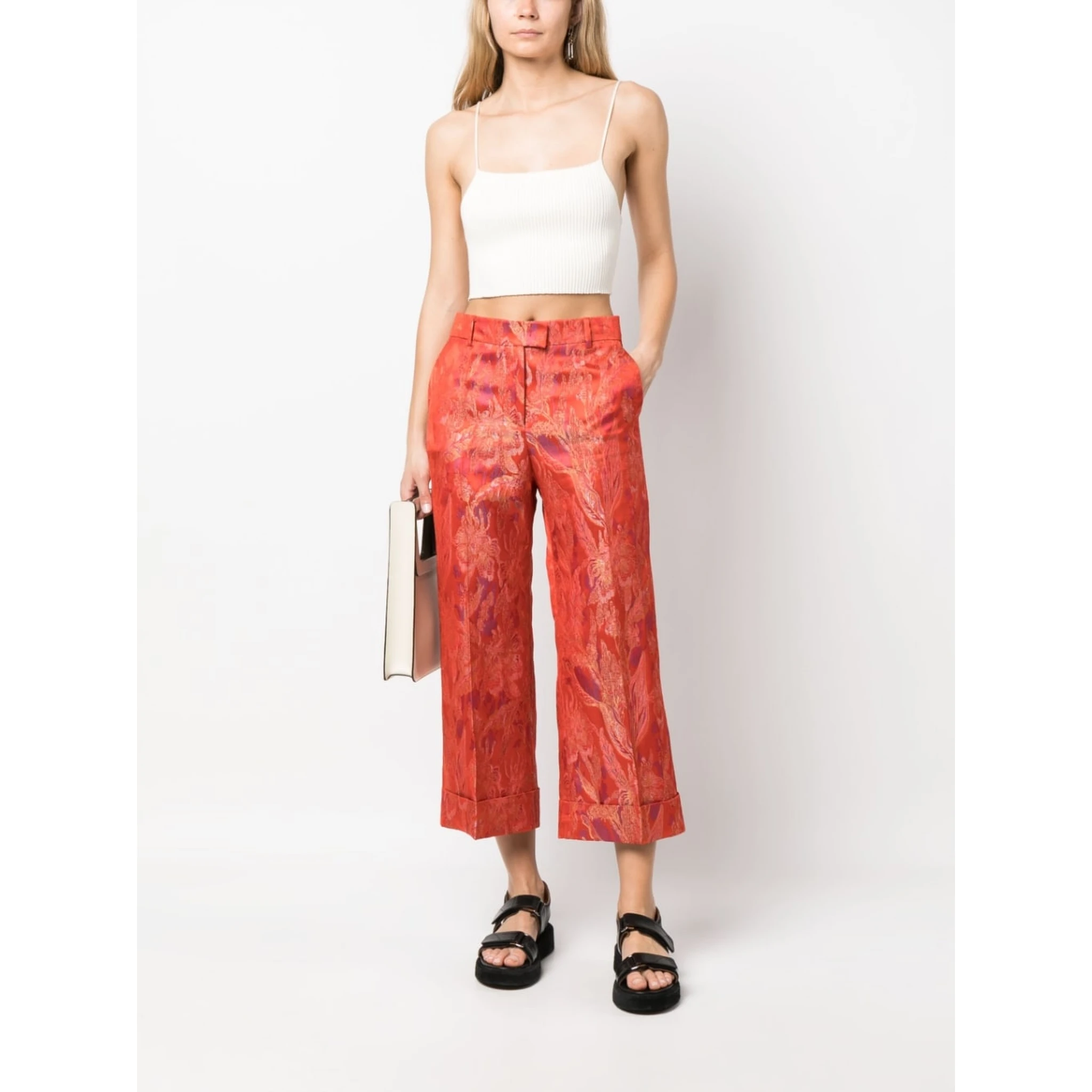 Floral Print Jacquard Trousers In Red