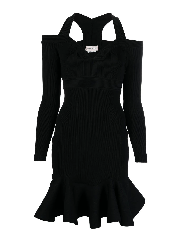 Alexander Mc Queen Off Shoulder Mini Dress In Black