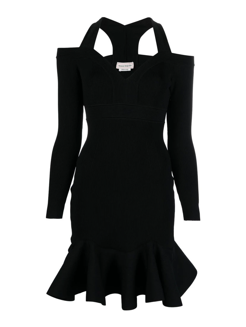 Alexander Mc Queen Off Shoulder Mini Dress In Black