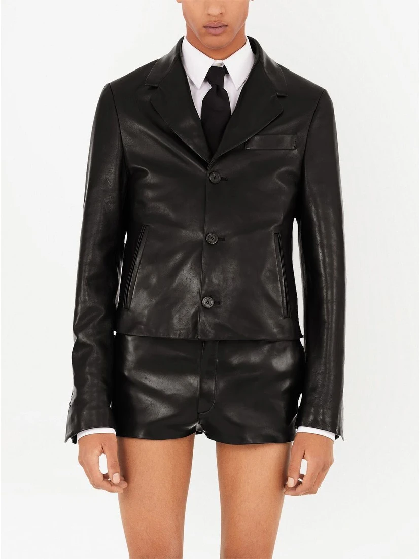 Slim-cut Single-breasted Leather Blazer In Black