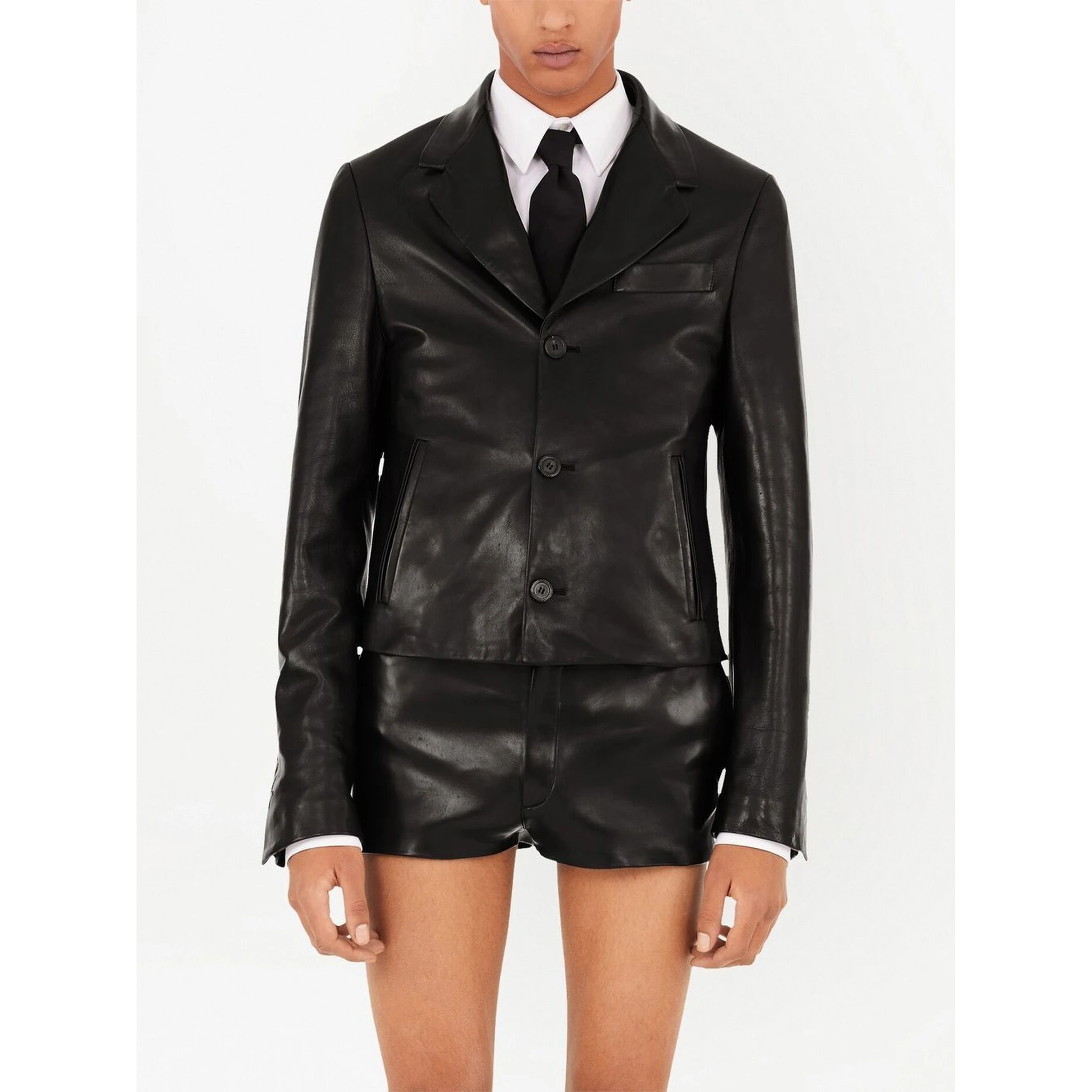 Slim-cut Single-breasted Leather Blazer In Black