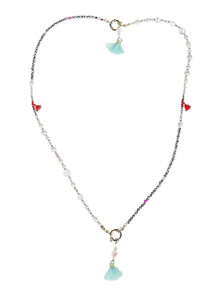 Silver Beaded Tassel Drop Necklace