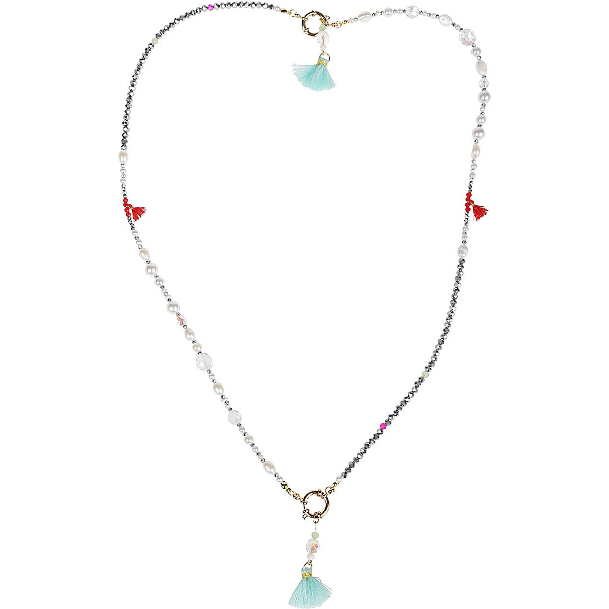 Silver Beaded Tassel Drop Necklace