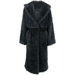 Belted Straight Hem Shearling Coat In Grey