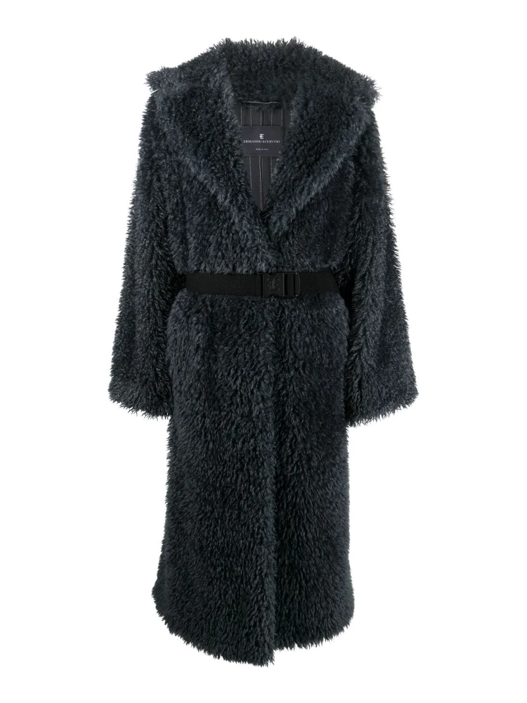 Belted Straight Hem Shearling Coat In Grey