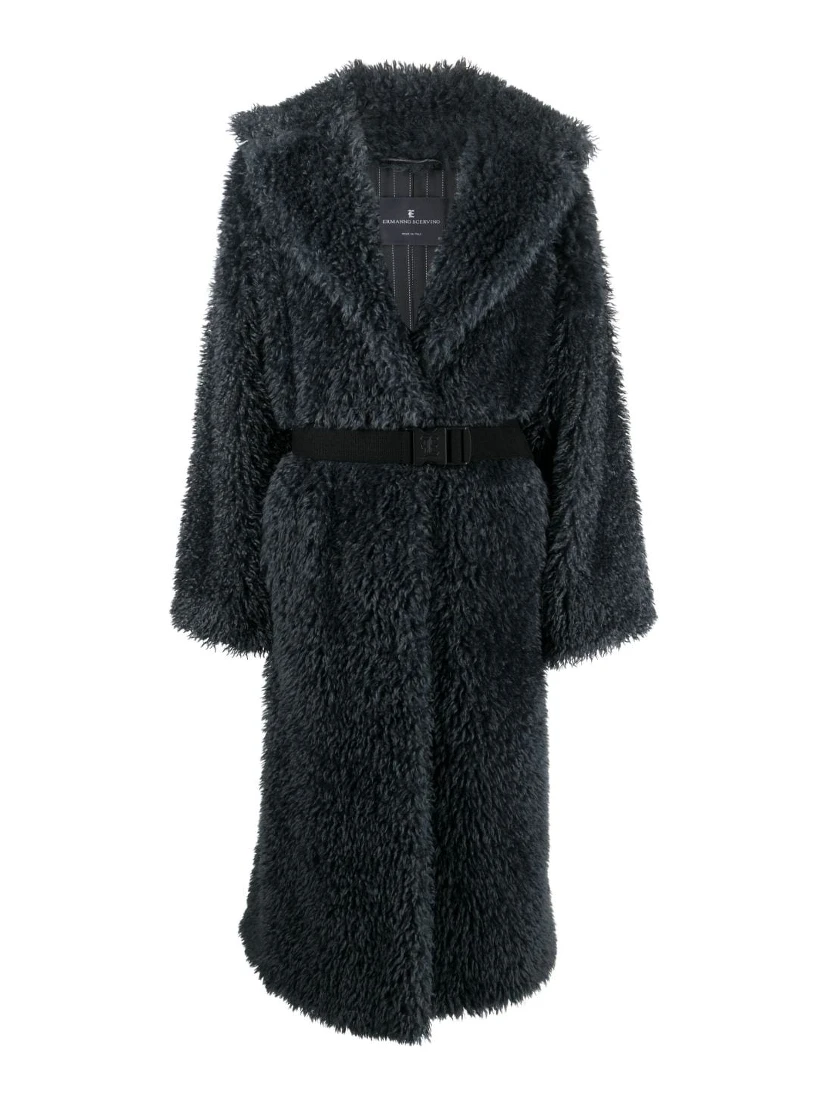 Belted Straight Hem Shearling Coat In Grey