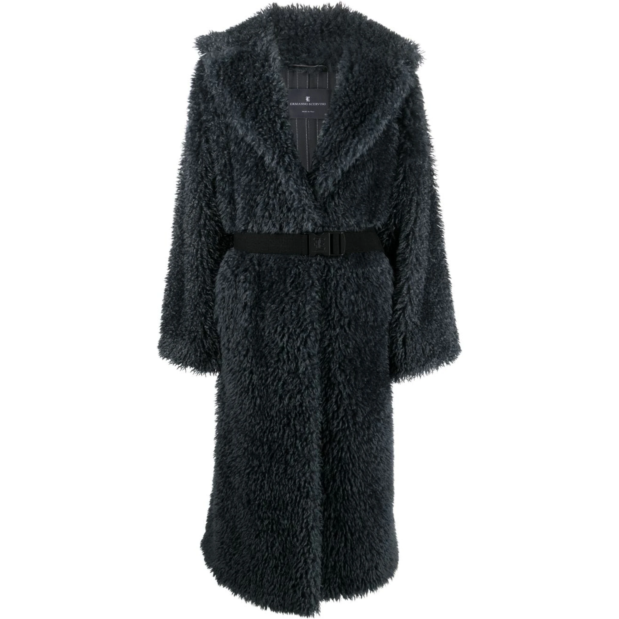Belted Straight Hem Shearling Coat In Grey