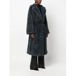 Belted Straight Hem Shearling Coat In Grey