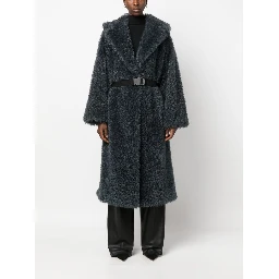 Belted Straight Hem Shearling Coat In Grey