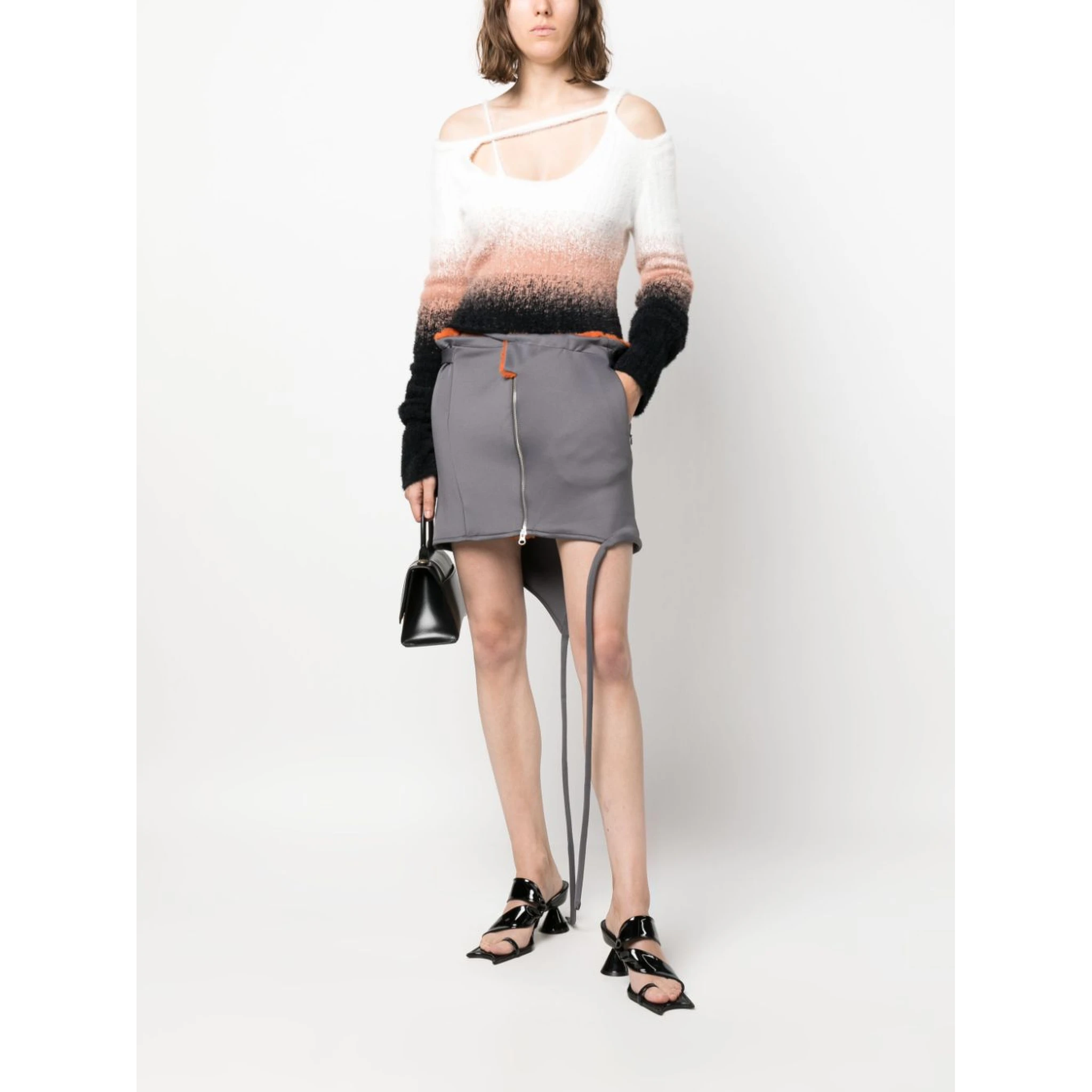 Asymmetric-hem zip-up miniskirt