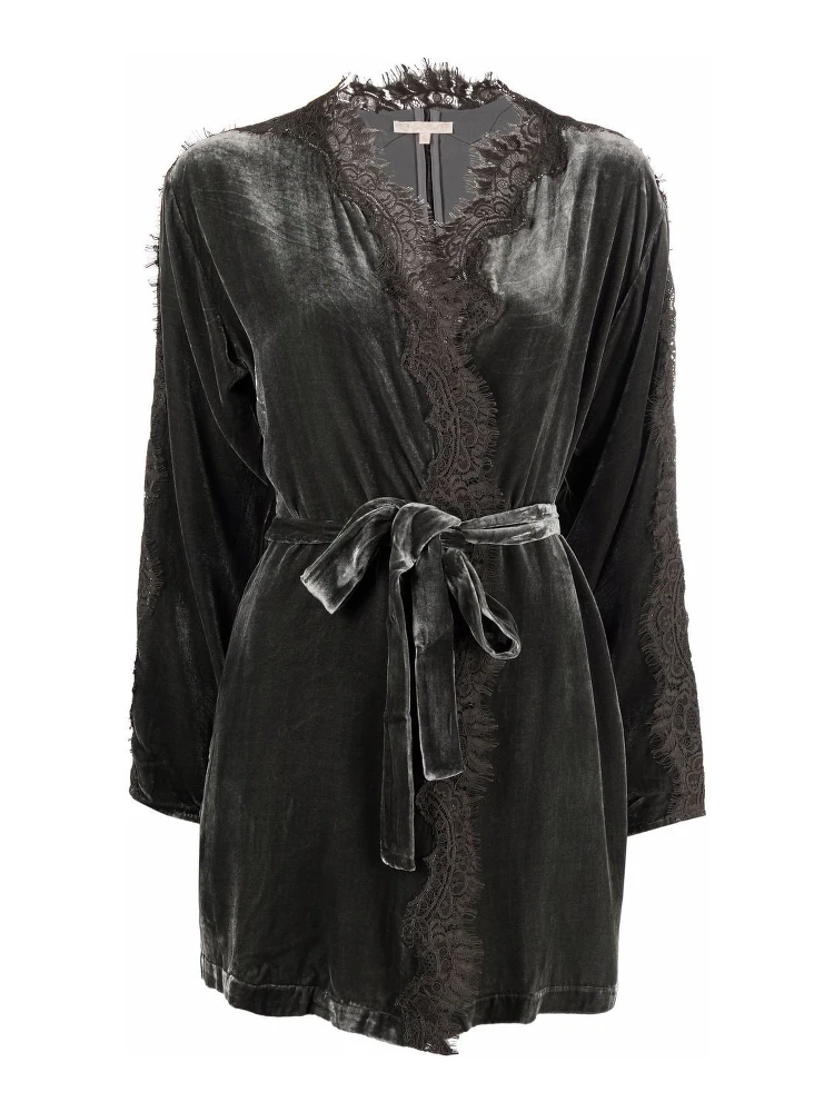 Dark Grey Velvet Lace-trim Long Duster Jacket For Women