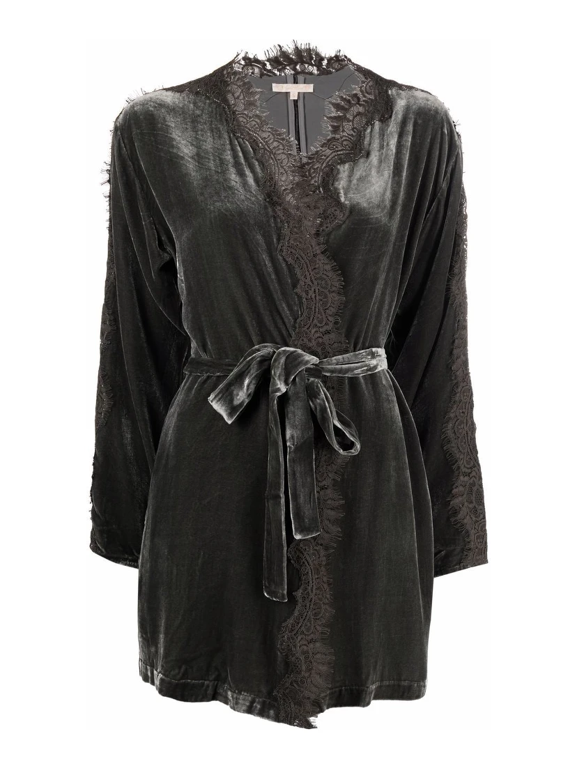 Dark Grey Velvet Lace-trim Long Duster Jacket For Women