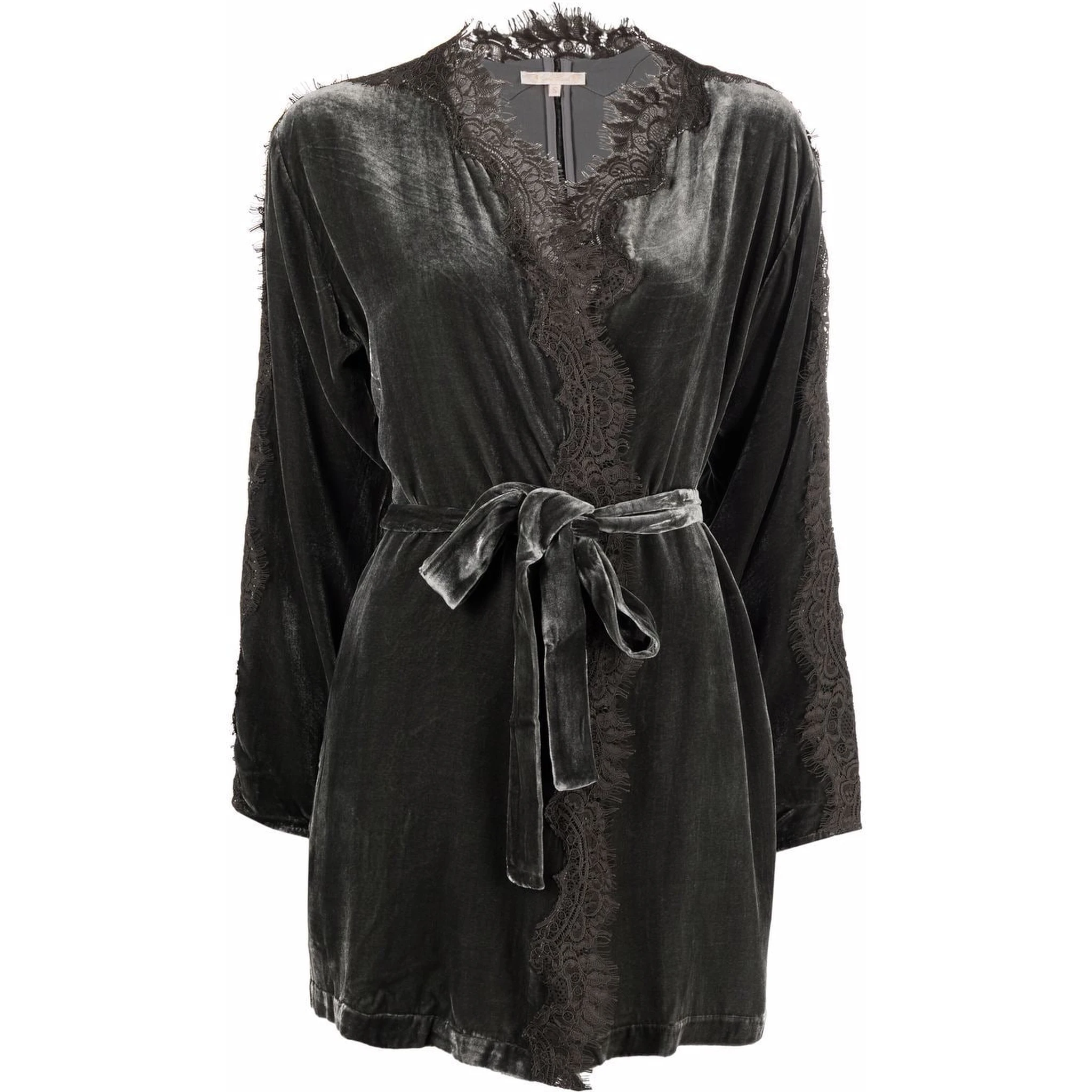 Dark Grey Velvet Lace-trim Long Duster Jacket For Women