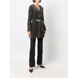Dark Grey Velvet Lace-trim Long Duster Jacket For Women