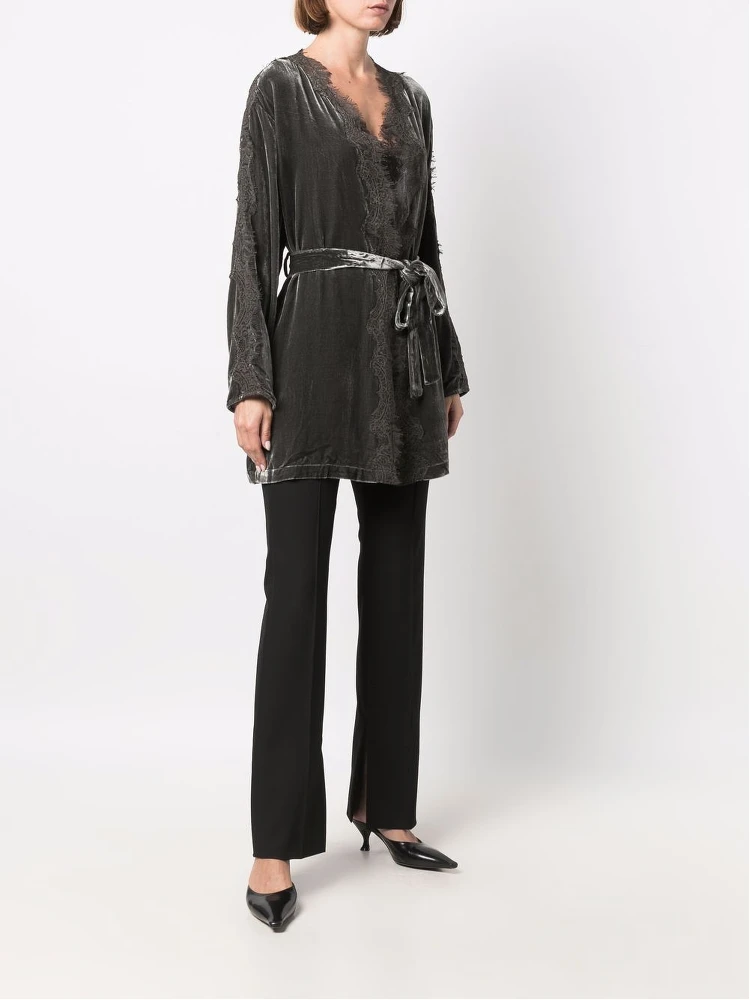 Dark Grey Velvet Lace-trim Long Duster Jacket For Women alternative
