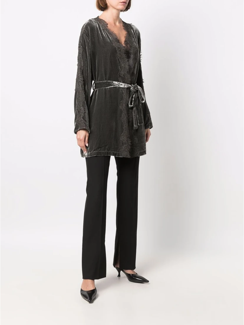 Dark Grey Velvet Lace-trim Long Duster Jacket For Women