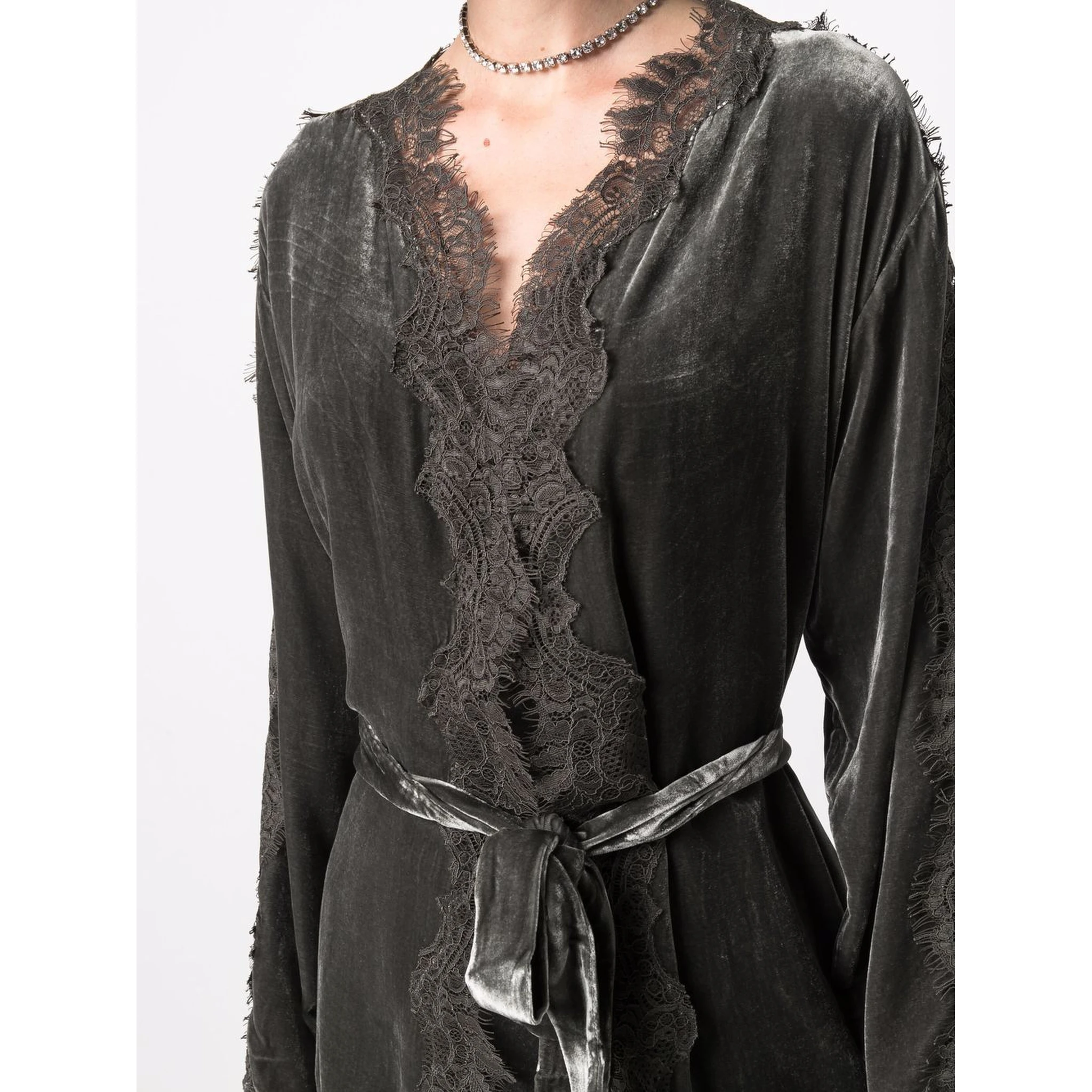 Dark Grey Velvet Lace-trim Long Duster Jacket For Women