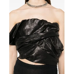 Strapless Ruched Leather Bustier Top In Black