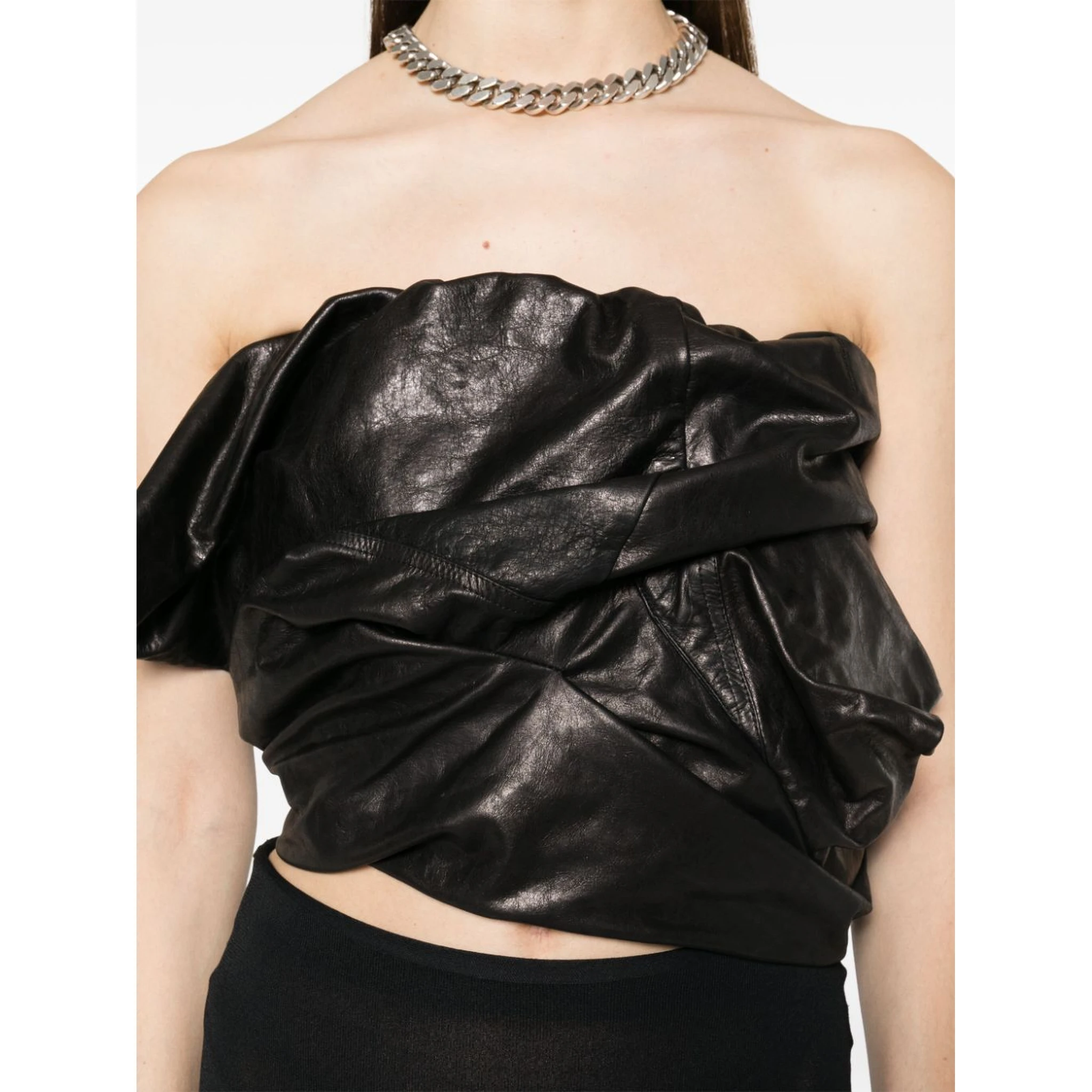Strapless Ruched Leather Bustier Top In Black