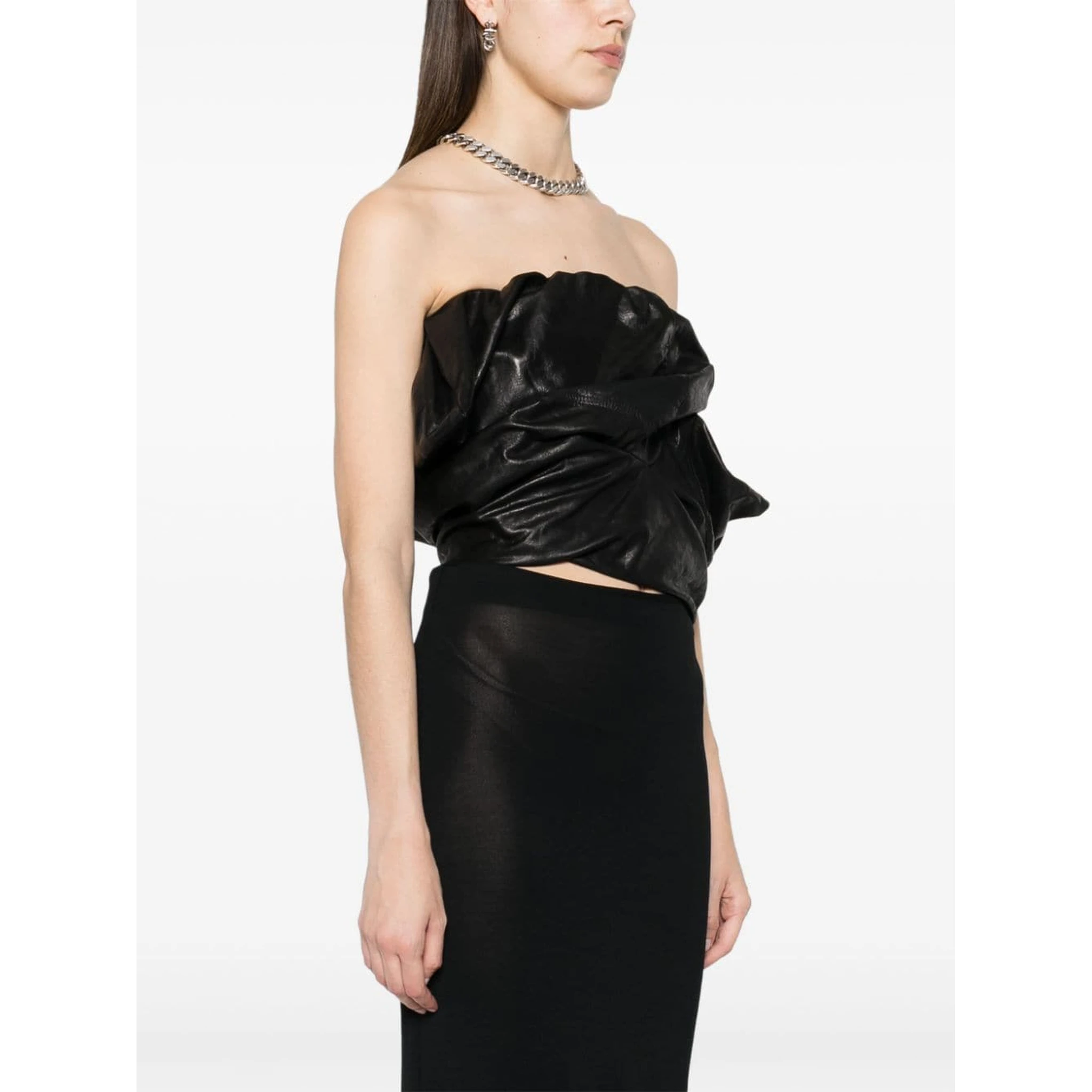 Strapless Ruched Leather Bustier Top In Black