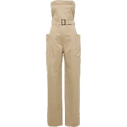 Strapless Belted Cotton Jumpsuit In Brown