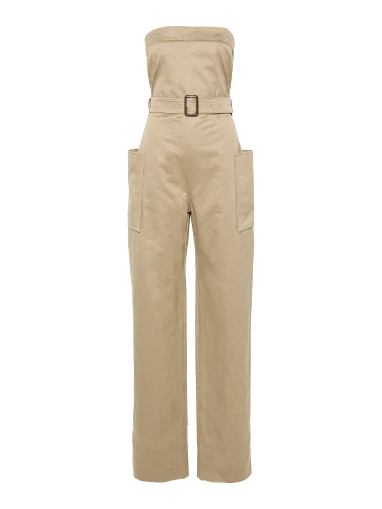 Strapless Belted Cotton Jumpsuit In Brown