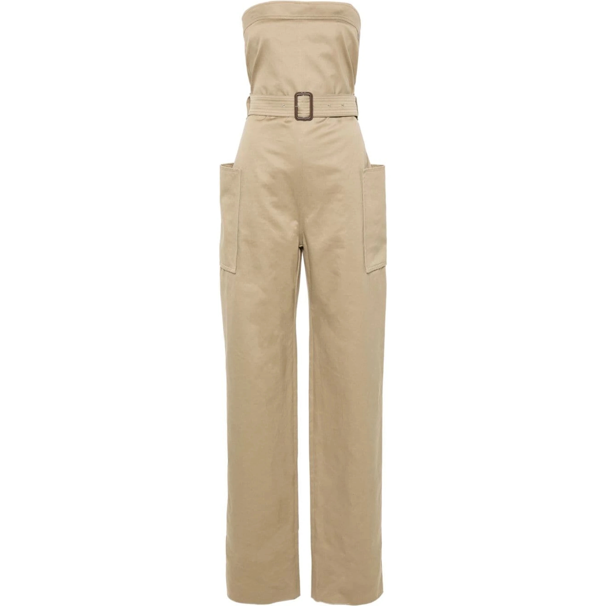 Strapless Belted Cotton Jumpsuit In Brown