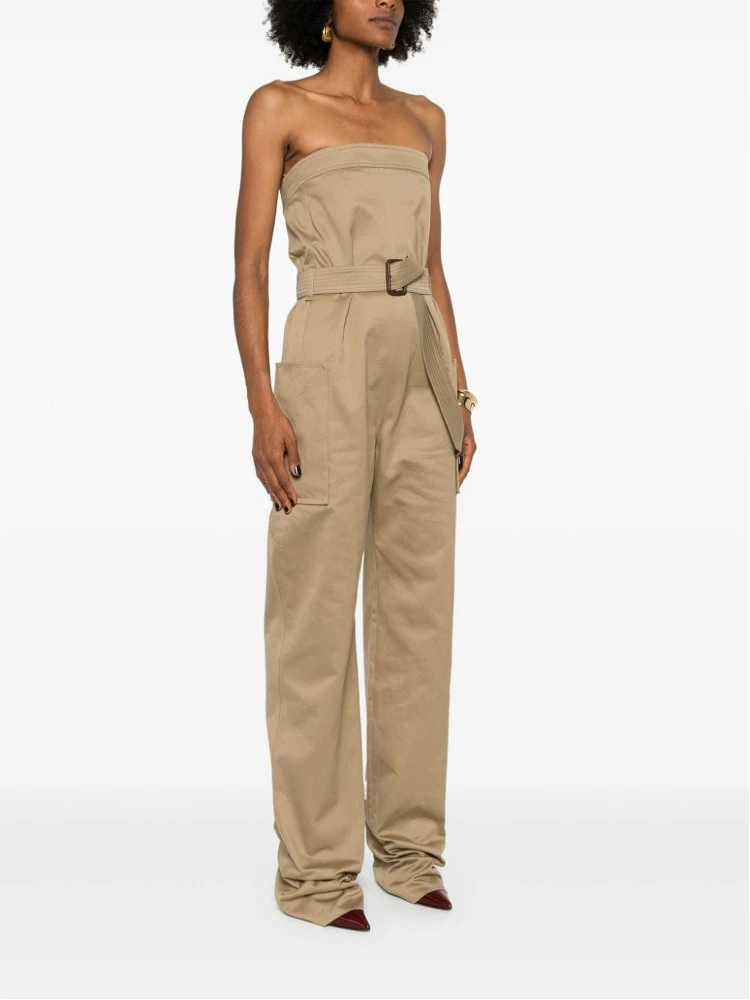 Strapless Belted Cotton Jumpsuit In Brown alternative