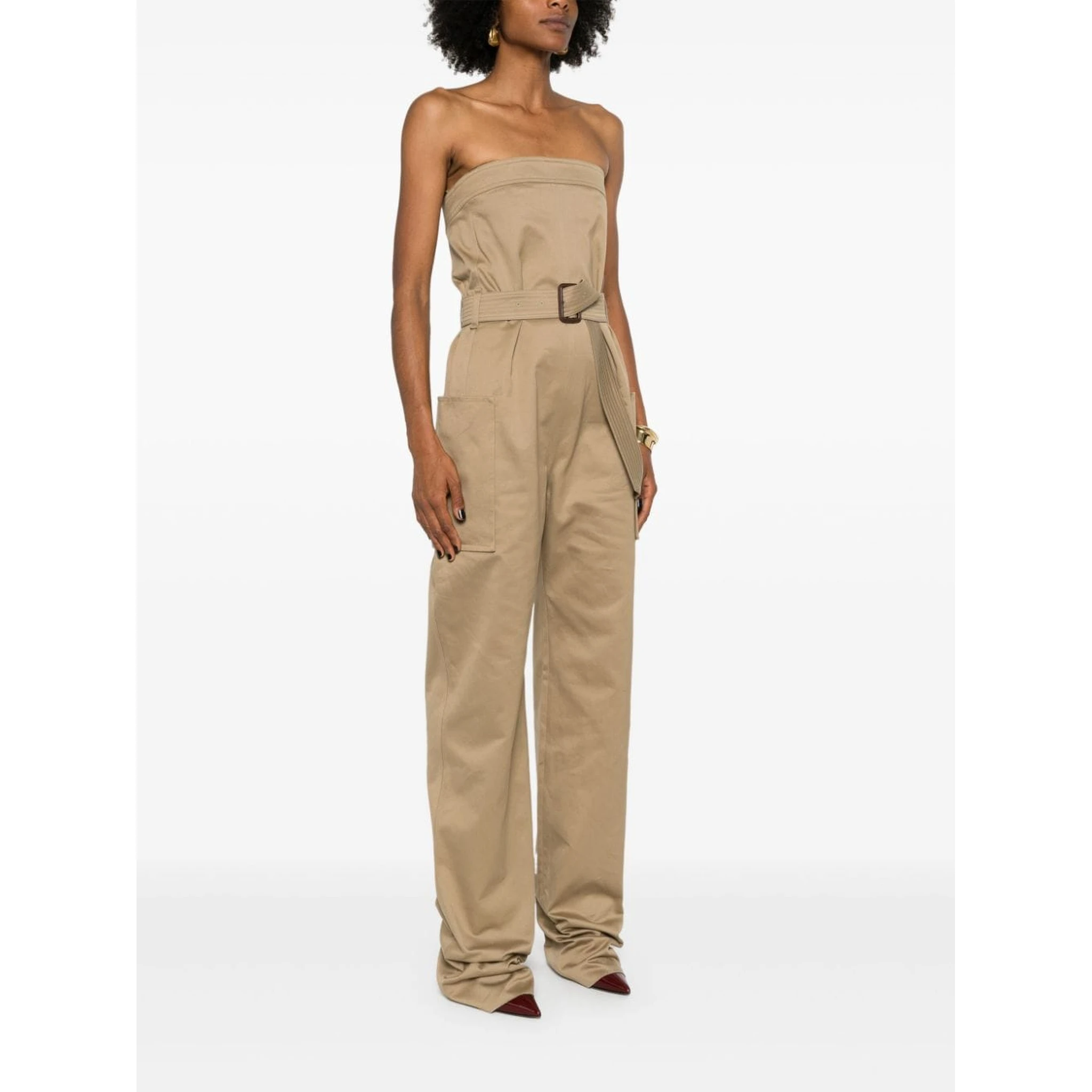 Strapless Belted Cotton Jumpsuit In Brown