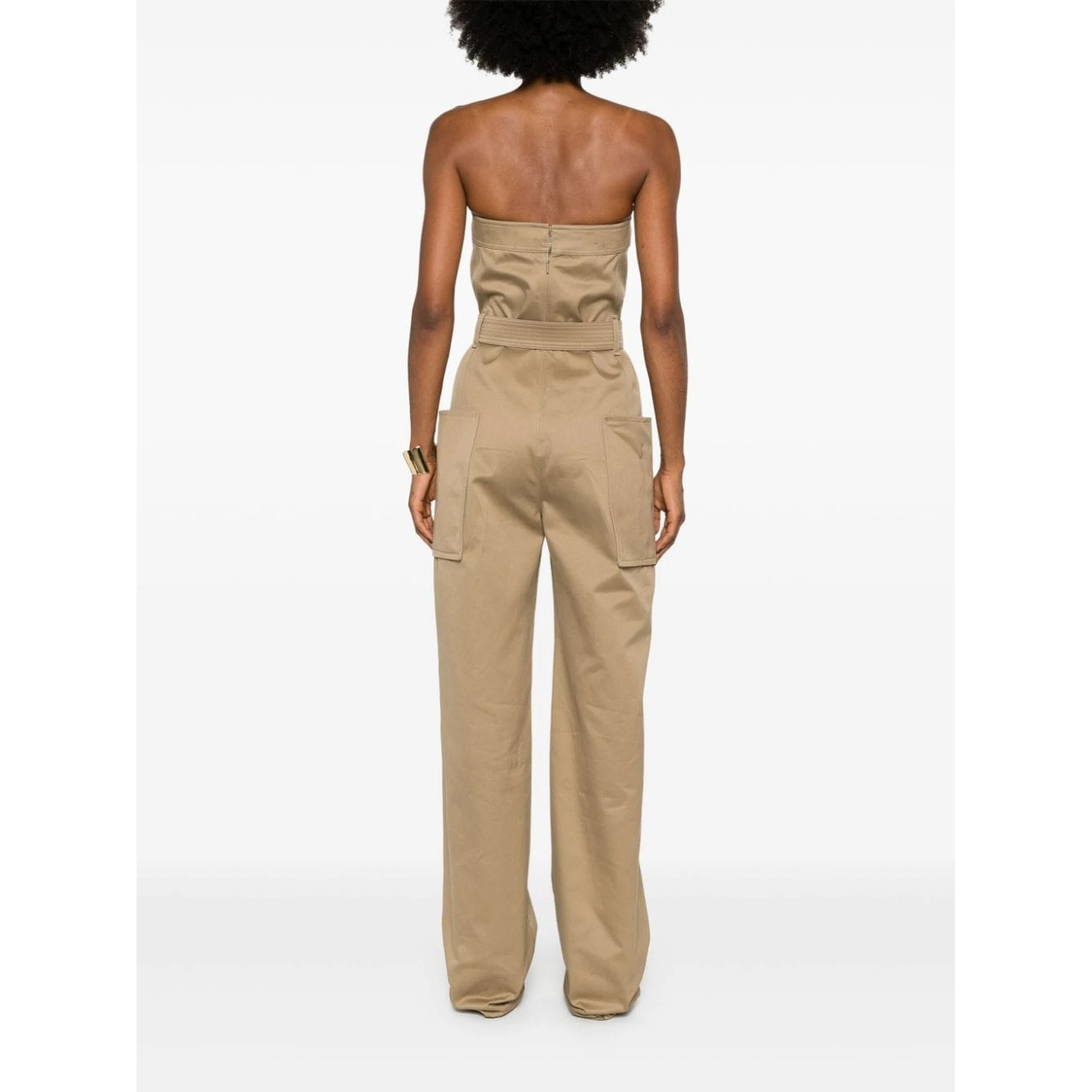 Strapless Belted Cotton Jumpsuit In Brown