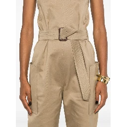 Strapless Belted Cotton Jumpsuit In Brown