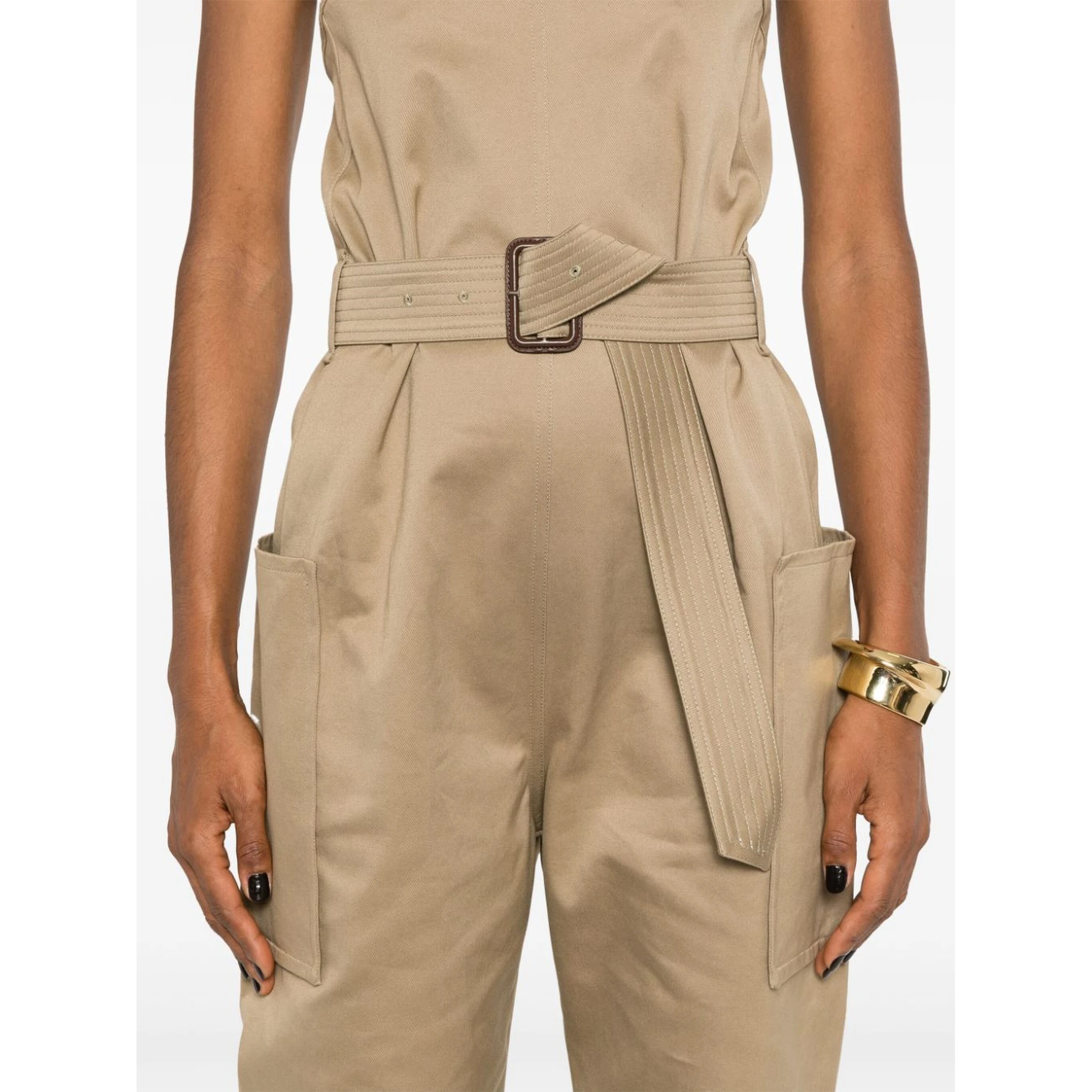 Strapless Belted Cotton Jumpsuit In Brown